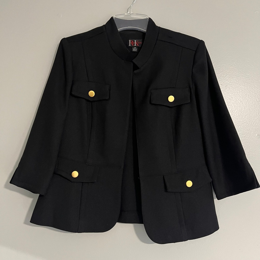 RK Originals Petite Black Herringbone Military chic Blazer Gold Buttons 12P